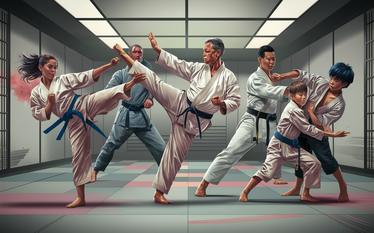 An illustration depicting a martial arts practice session with a diverse group of students performing various kicks and stances under the guidance of an instructor in a dojo setting.