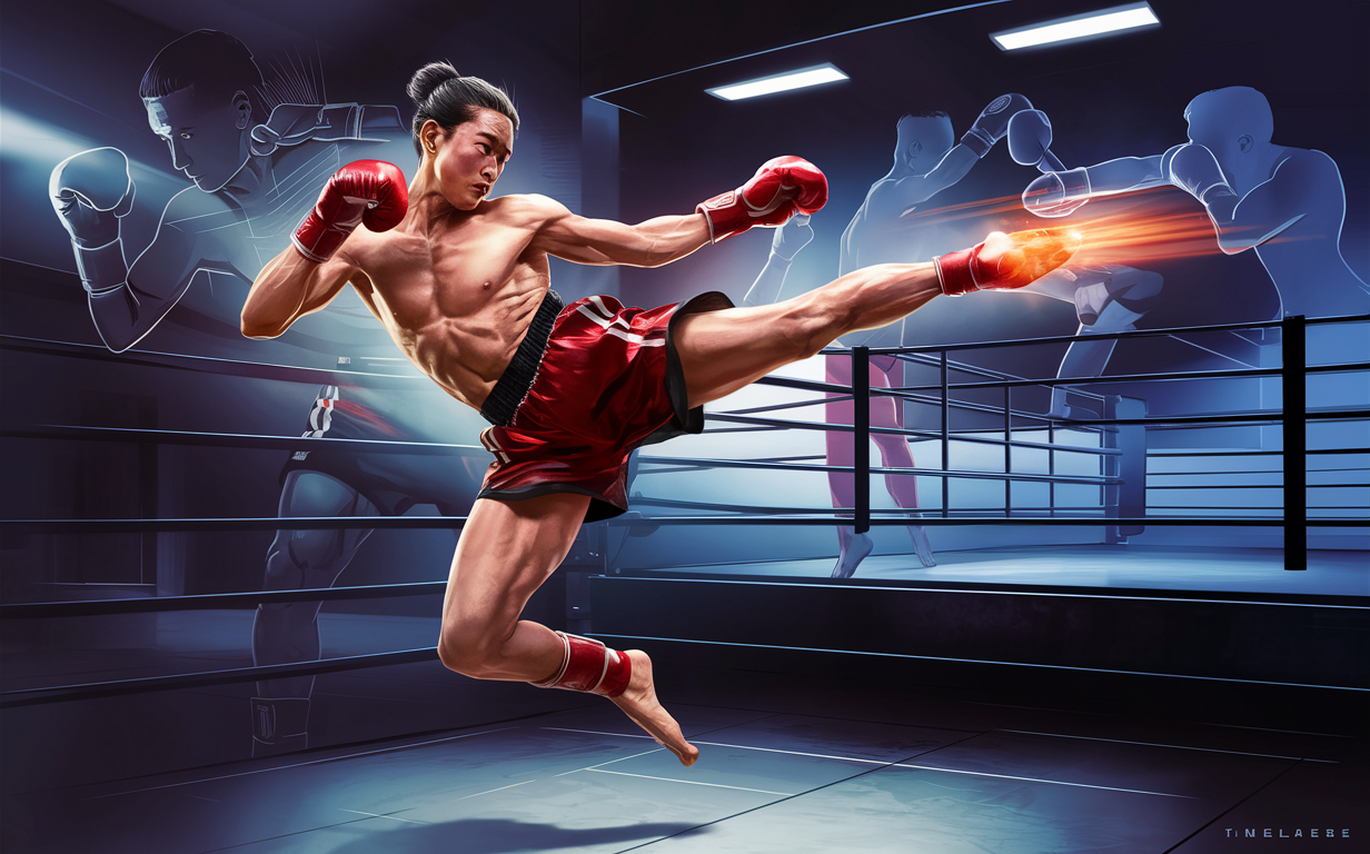 An illustration of a muscular kickboxer delivering a fierce kick, with motion blur effects capturing the speed and force of the strike, set in a boxing gym with silhouettes of other fighters in the background.