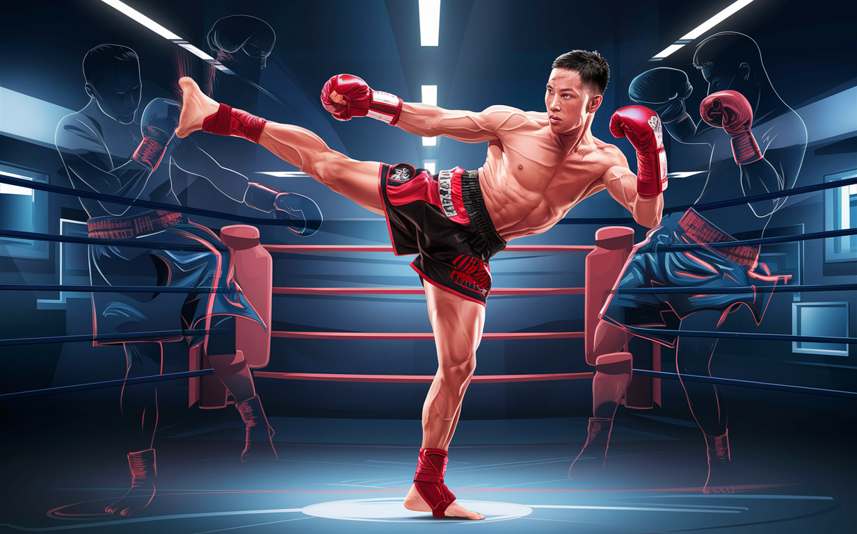 An illustration of a muscular kickboxer in a fighting stance, delivering a powerful kick while training in a gym with a punching bag