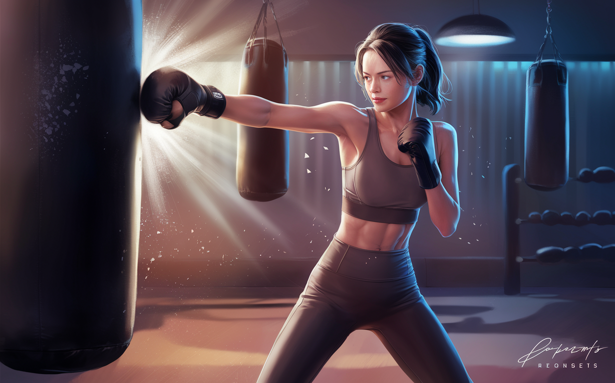 A female kickboxer in athletic wear powerfully strikes with her fist, shattering debris in an explosive motion against a vibrant background, depicting the intense physical and stress-relieving aspects of kickboxing.