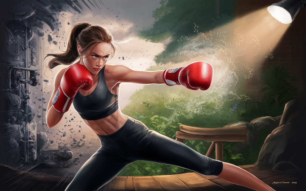 A determined woman in kickboxing gear fiercely punches, blending an urban setting with a natural oasis, representing the power of physical activity to overcome stress and find inner peace.