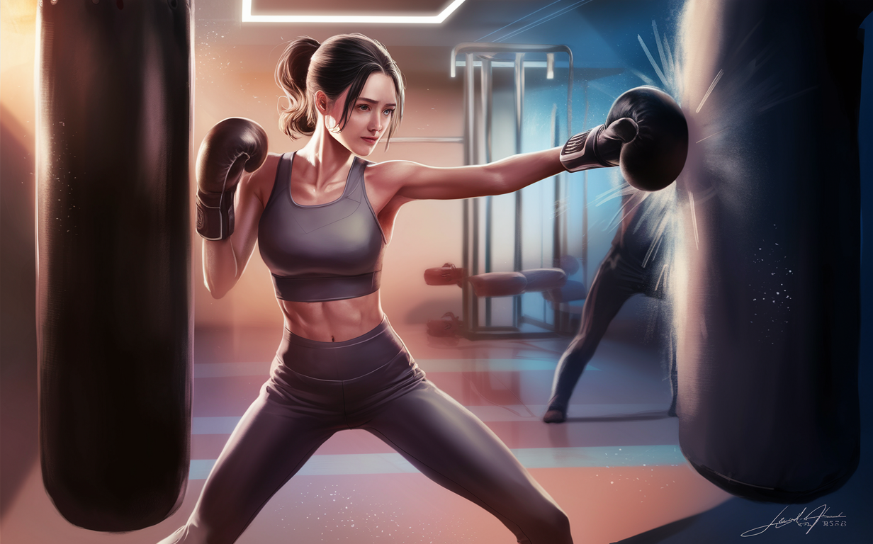 Digital illustration of a fit woman intensely practicing kickboxing in a gym setting with punching bags and dim lighting, depicting kickboxing as an effective workout for stress relief