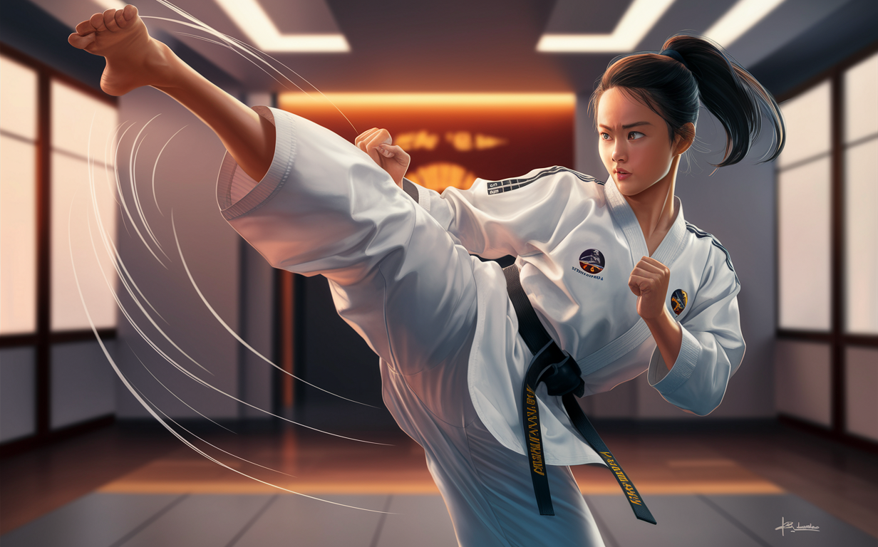 An illustration of a woman in a taekwondo uniform performing a high kick in a martial arts training studio, demonstrating self-defense techniques and building confidence through martial arts practice.