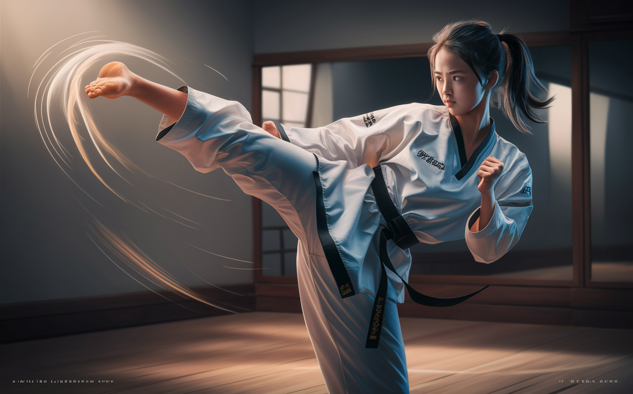 An image depicting a young woman in a taekwondo uniform performing a powerful kicking technique, with motion blur effects showing the speed and force of her movements, in a traditional dojo setting.