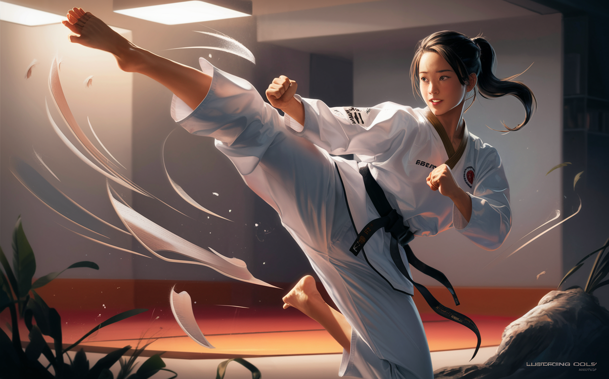 An illustration of a young woman with long dark hair practicing taekwondo, performing a powerful kick while wearing a white taekwondo uniform in a studio setting with dynamic motion lines around her.