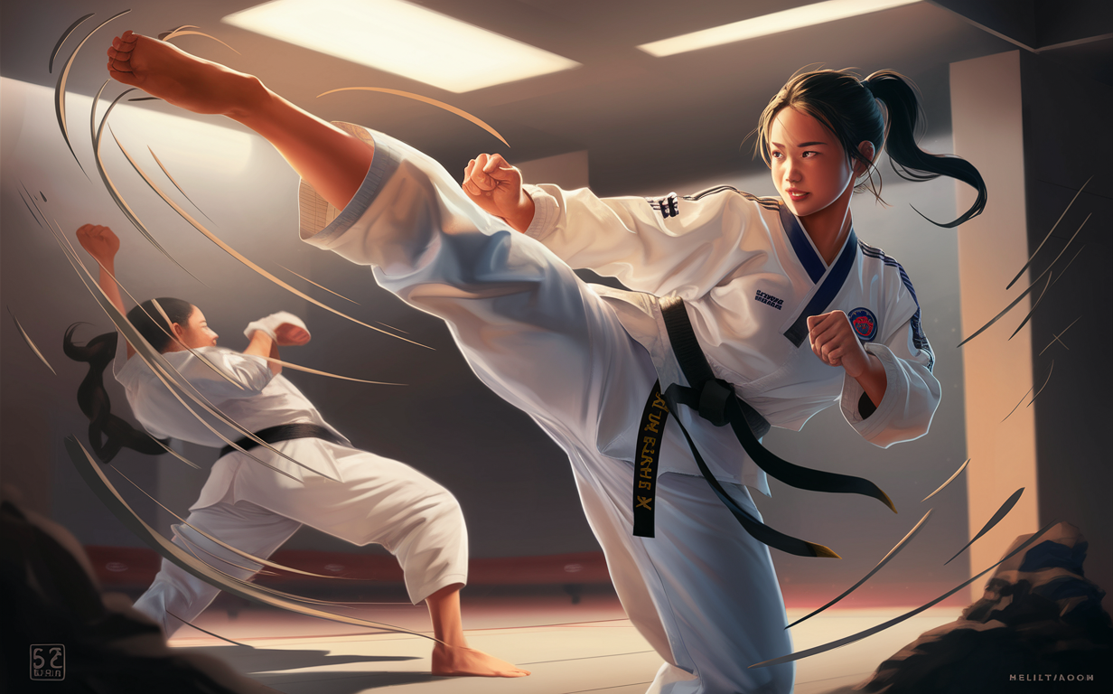 A skilled female taekwondo practitioner performing a powerful kick, showcasing the art of self-defense and building confidence through martial arts training.