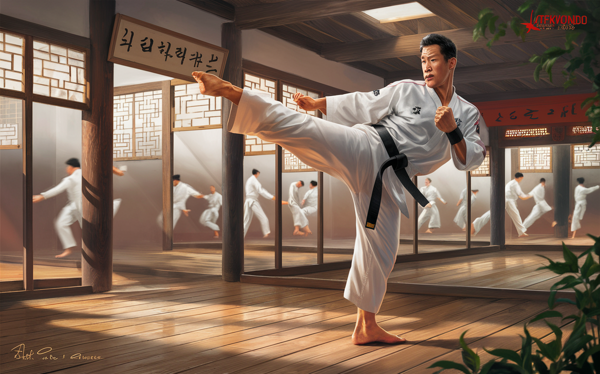 A martial artist in a taekwondo uniform performs a dynamic high kicking technique against a traditional Korean architectural backdrop, showcasing fluid motion and focus.