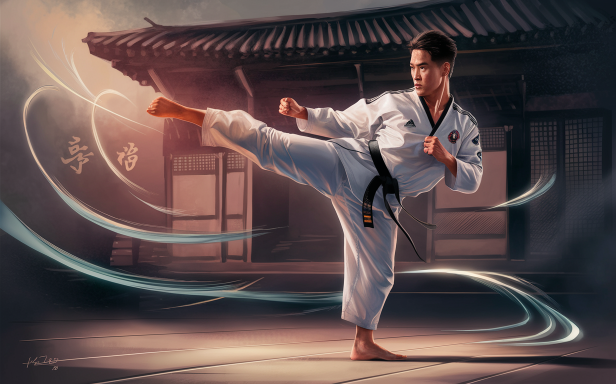 A martial arts practitioner in a taekwondo uniform performs a powerful kicking technique against a backdrop of a traditional East Asian architectural setting, showcasing mastery of the martial art.