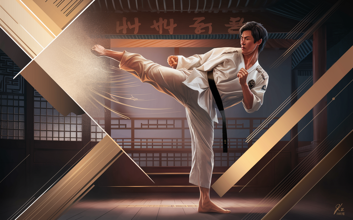 A skilled Taekwondo practitioner in a white uniform performs a powerful kicking technique with motion blur effects against the backdrop of a traditional Korean architectural structure and calligraphic symbols.