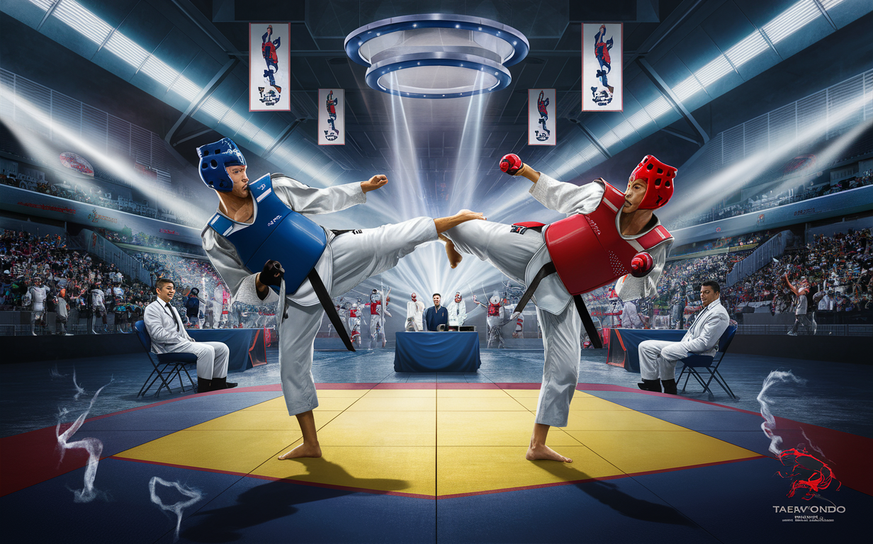 An illustration depicting an intense taekwondo sparring match between two competitors at a major championship tournament, with spectators and officials watching in the background.